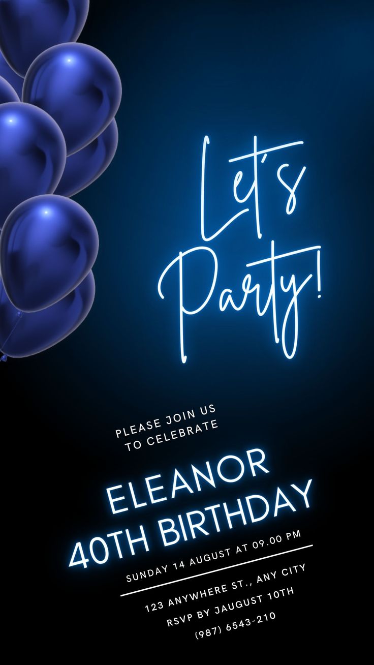 a party flyer with balloons and the words let's party written in neon blue