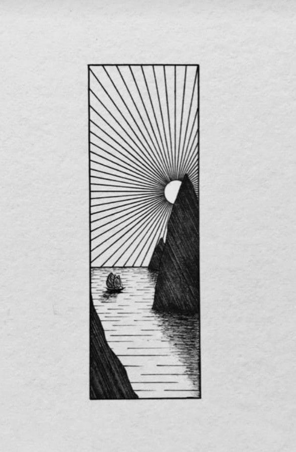 an ink drawing of the sun rising over water with mountains and rocks in the background