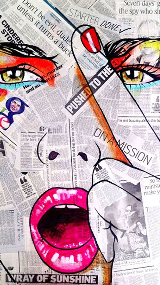 a woman's face painted on newspaper with pink lips and tongue sticking out from her mouth