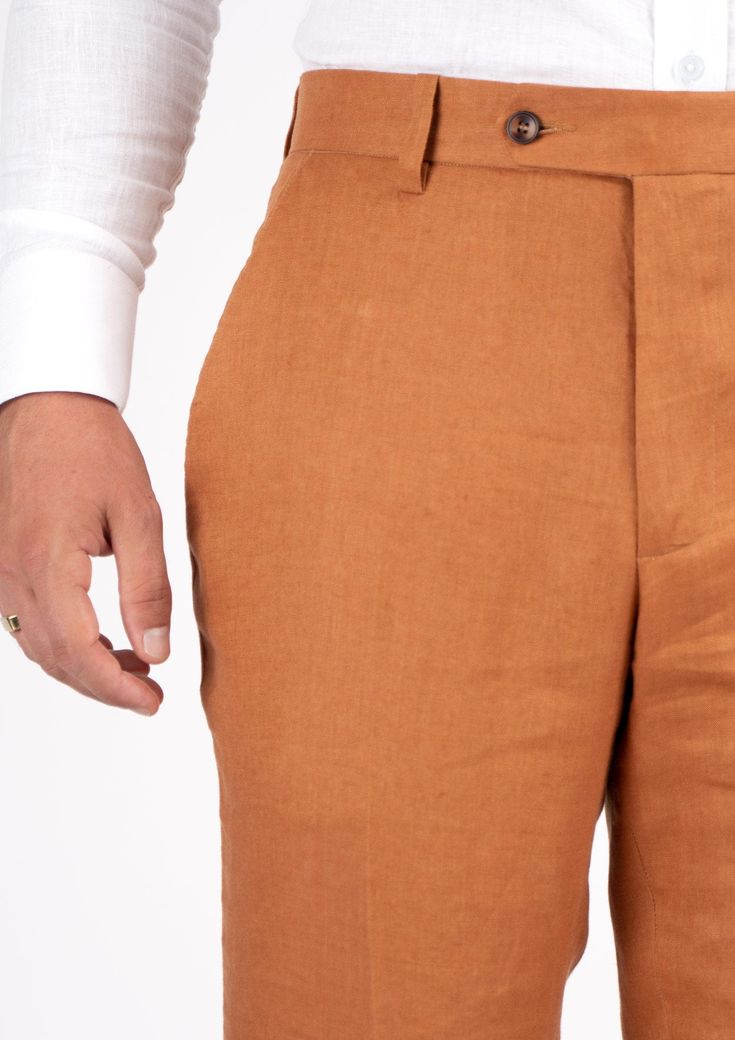 Add a stylish statement to your wardrobe with these unique burnt orange linen pants! Crafted with pure linen for a crisp, lightweight feel, this custom-made piece is sure to stand out. Make a fresh impression with these eye-catching custom made pants! Linen Trousers With Welt Pockets, Cotton Dress Pants With Straight Hem For Summer, Summer Cotton Dress Pants With Straight Hem, Linen Dress Pants Trousers For Summer, Tailored Linen Dress Pants For Summer, Fitted Linen Bottoms For Summer, Tailored Linen Ankle-length Pants, Summer Linen Tapered Leg Dress Pants, Summer Linen Dress Pants With Pockets