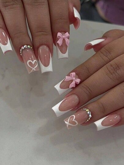 Vêtements homme & femme, shoppez la mode en ligne | SHEIN Paznokcie Hello Kitty, Bow Nail Designs, White French Nails, Fake Nails White, Easy Nails, Smink Inspiration, Girly Acrylic Nails, French Acrylic Nails, White Nail