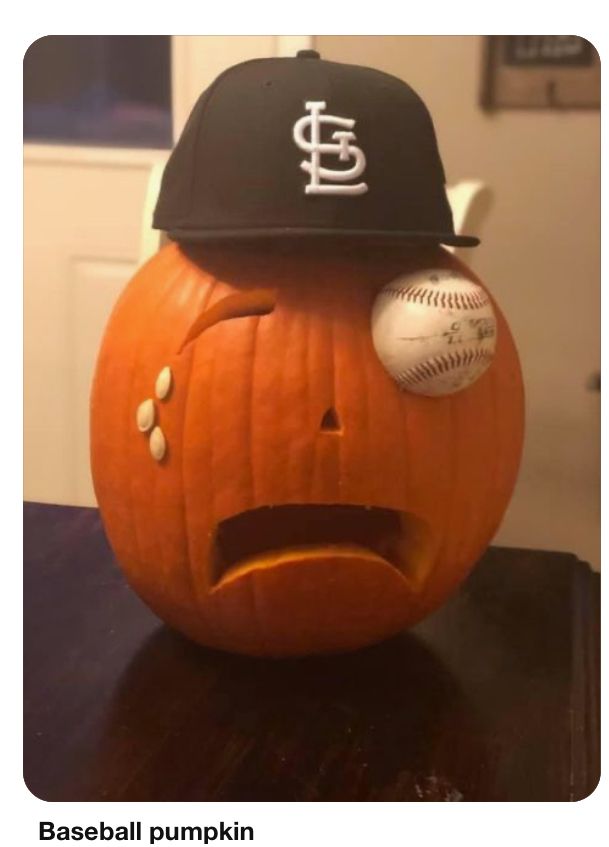 Sports Painted Pumpkins, Pumpkin Baseball Ideas, Baseball Carved Pumpkin, Simple Halloween Pumpkin Painting, Hot Glue Pumpkin Designs, Carving Punkins Ideas, Baseball Painted Pumpkins, Pumpkins Carving Ideas Creative, Pumpkin Painting Decorating Ideas