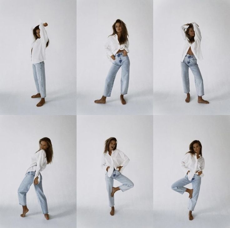 four photos of a woman in white shirt and jeans posing with her hands on her hips