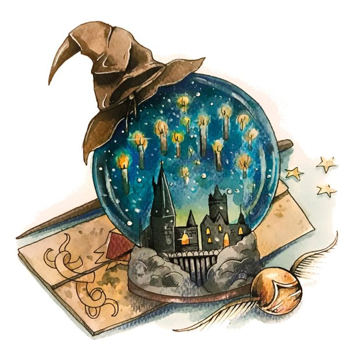 an image of a snow globe with hogwart's castle in it and harry potter hat on top