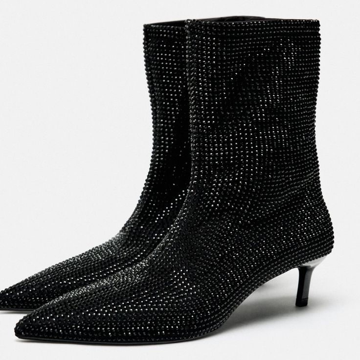 Heeled Ankle Boots Pointed Toe Heel Height 1.6 Chic Embellished Heeled Boots For Evening, Chic Embellished Heeled Boots For Formal Occasions, Chic Rhinestone Heeled Boots For Formal Occasions, Elegant Heeled Boots With Rhinestones For Evening, Chic Formal Heeled Boots With Rhinestones, Elegant Rhinestone Heeled Boots For Evening, Fall Heeled Boots With Rhinestones For Night Out, Chic Embellished Heeled Boots For Night Out, Chic Sparkling Evening Boots