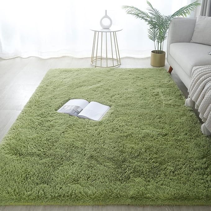 a green rug with a book on top of it in a living room next to a couch