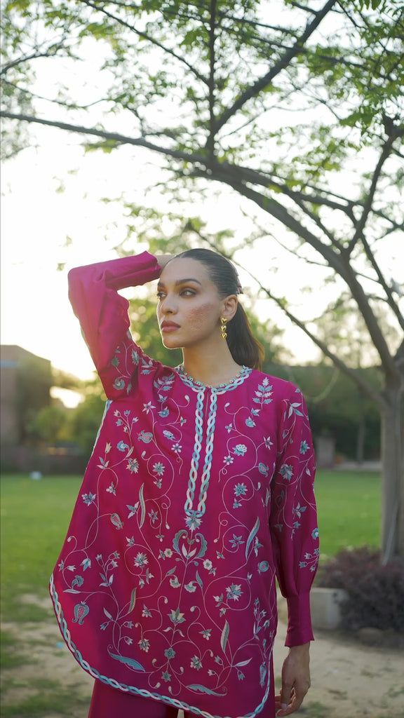 Asya (A) – Sania Maskatiya International Spring Kurta With Embroidered Cuffs And Long Sleeves, Spring Long Sleeve Kurta With Embroidered Cuffs, Pink Raw Silk Kurta With Floral Embroidery, Pink Raw Silk Sets For Spring, Eid Long Sleeve Sets With Embroidered Cuffs, Long Sleeve Pink Silk Kurta, Spring Pink Raw Silk Kurta, Festive Pink Straight Kurta Blouse, Silk Long Sleeve Pink Sets