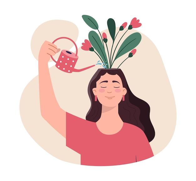 a woman holding a watering can with flowers on her head