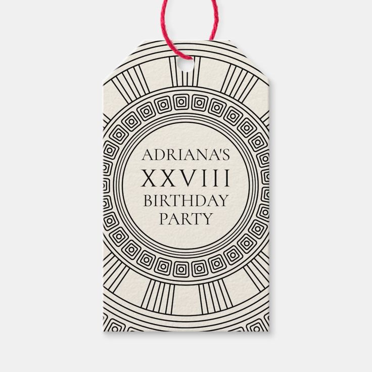 a black and white tag with the words birthday party on it