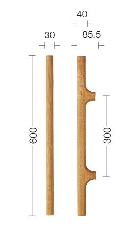 two wooden handles are shown with measurements