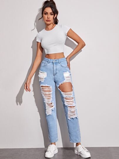 Women's & Men's Clothing, Shop Online Fashion | SHEIN Mommy Jeans, Mom Jeans Outfit Winter, Mom Jeans Outfit Summer, Cute Ripped Jeans, Ripped Jeans Outfit, Womens Ripped Jeans, Distressed Mom Jeans, Ripped Mom Jeans, Ripped Boyfriend Jeans