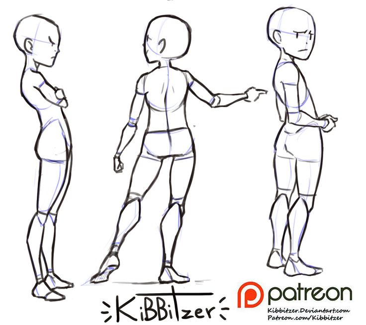 an animation character's body is shown in three different positions, including the head and shoulders