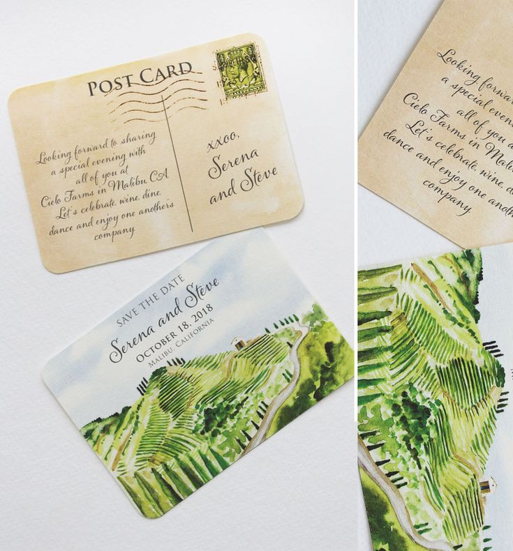 two pictures of different types of postcards and some type of envelope with writing on them