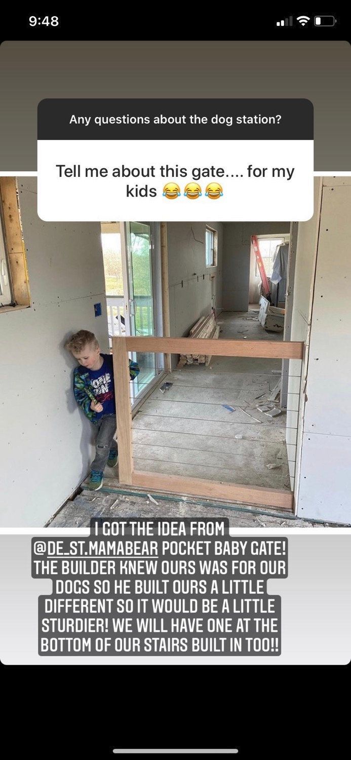 a little boy standing on top of a wooden floor in front of a door with the words tell me about this gate for my kids