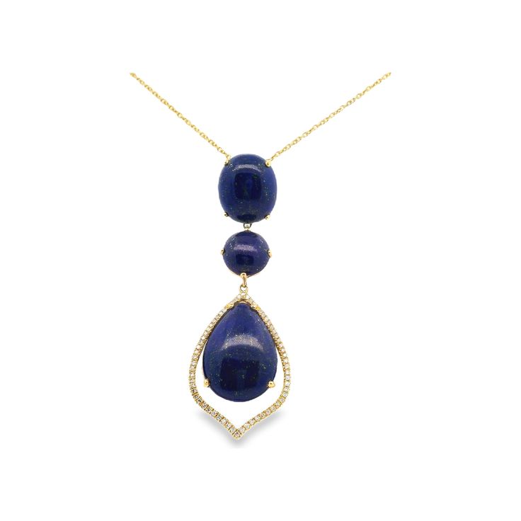 14kt yellow gold lapis and diamond neckalce. This exquisite piece features a mesmerizing deep blue stone at its center, radiating elegance and sophistication. The surrounding dazzling diamonds add a touch of glamour and luxury, making it the perfect accessory for any special occasion.  Product: Necklace Material: 14kt Yellow Gold Gemstone: Yellow Lapis and Diamond Gemstone Carat: 27.5ct Yellow Lapis and 0.18 Diamonds Diamond Neckalce, Diamond Gemstone, Blue Stone, Deep Blue, Diamond Necklace, Special Occasion, Diamonds, Yellow Gold, Gemstones