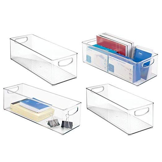 three clear plastic bins with dividers and file folders on each one side