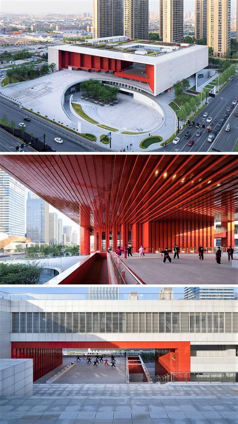 three different views of the same building with red and white stripes on each side, one showing