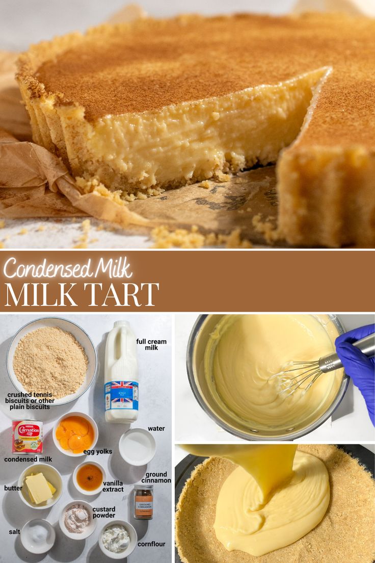 A milk tart on a white background. Milk Tart With Condensed Milk, Easy Fridge Tarts Recipes, Milk Tart South African, Condensed Milk Tart, South African Milk Tart, Melktert Recipe, Milk Tart Recipe, Condensed Milk Recipes Desserts, Cafe Board