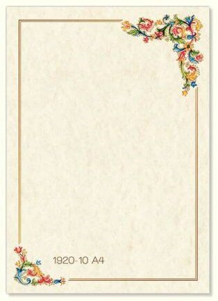 a white paper with flowers on it and a gold border around the edges is shown