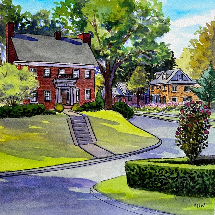 Watercolor painting of Cincinnati ave in Tulsa Oklahoma with the morning shadows cascading to the right. It has a large brick home on a hill on the left, a median with a rose bush on the right. The street goes in a diagonal to the right and behind the red brick path to the left Drawing Of Neighborhood, Drawing Neighborhood, Drawing Of Street, Street View Drawing, Neighborhood Drawing, Neighborhood Illustration, Watercolor And Pen, Small Sketchbook, House Painter