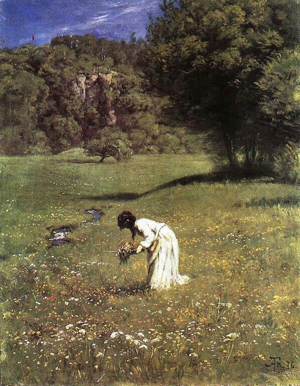 a painting of a woman picking flowers in a field