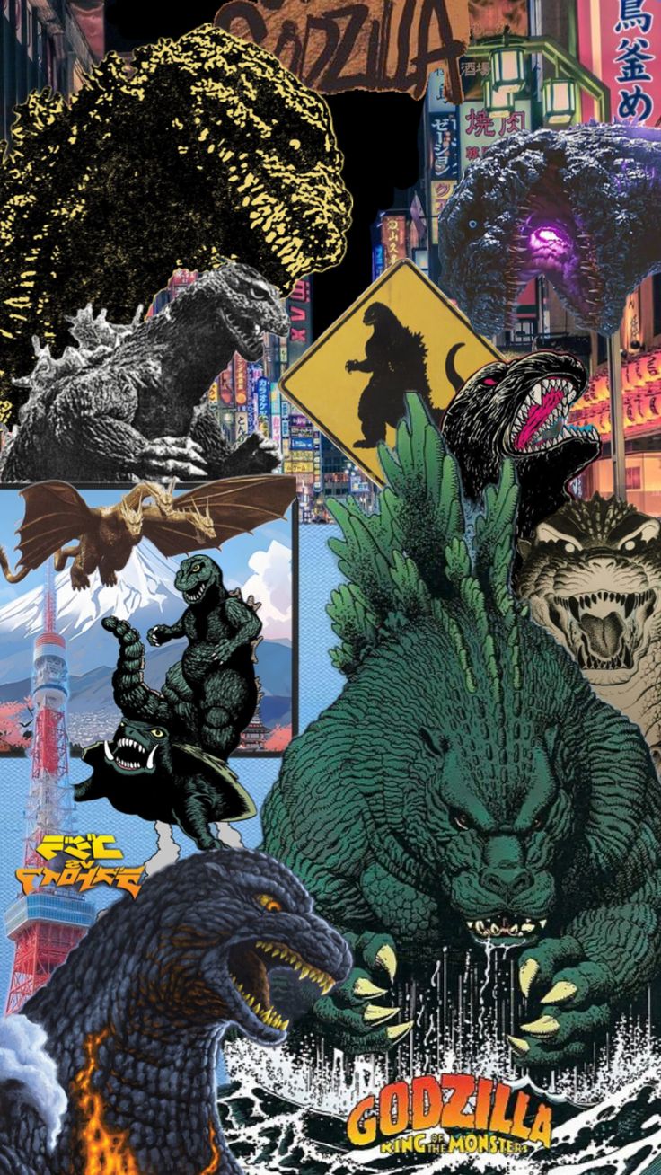 godzilla collage with cityscape and street signs in the background, including an image of