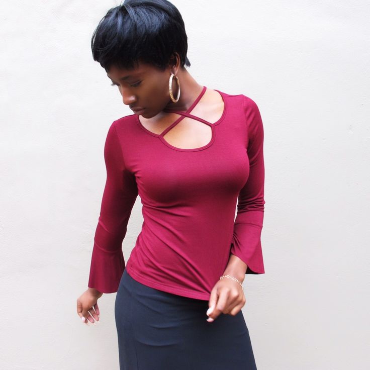 Clearing Out My Inventory - All Must Go - 100% Rayon Jersey Blouse. Super Sexy And Sleek With Caged Neck Look. Bell Sleeves Start From Wrist. Flirty Stretch V-neck Tops, Trendy Stretch Red Blouse, Elegant Strappy Fitted Tops, Elegant Fitted Strappy Top, Stretch Strappy Tops For Party, Chic Fitted Strappy Tops, Chic Strappy Stretch Tops, Elegant Strappy Tops For Night Out, Stretch Strappy Tops For Night Out