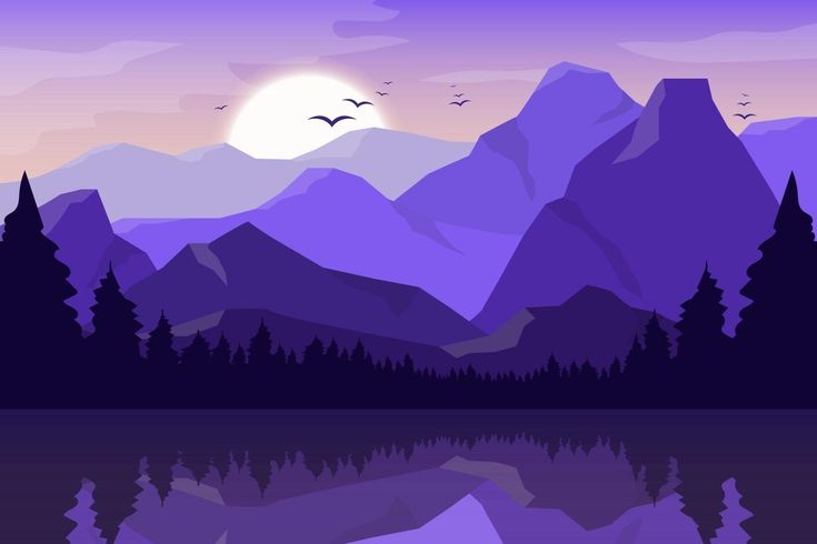 a purple mountain landscape with trees and birds flying over the water at sunset or dawn