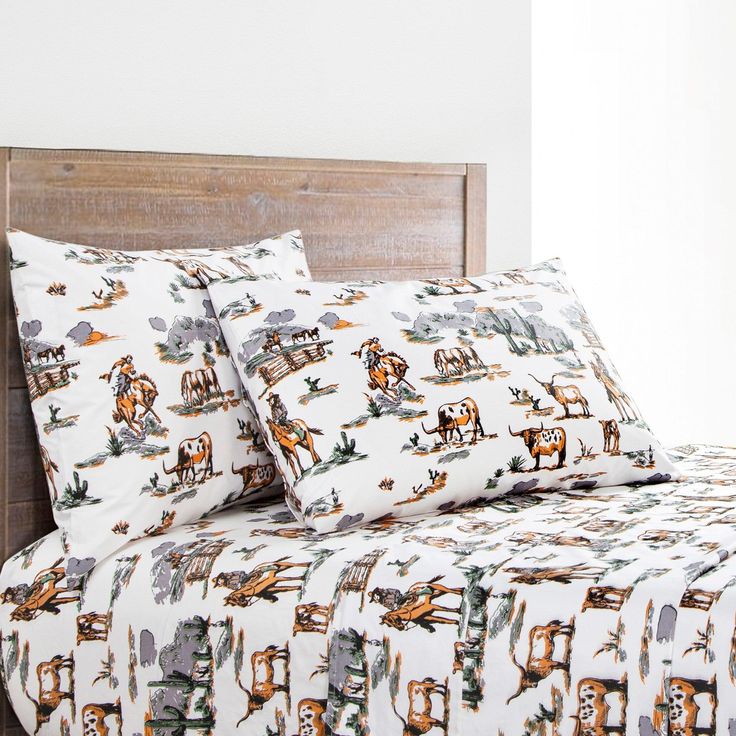 Colorful Ranch Life Western Sheet Sets life on the ranch - Your Western Decor Western Sheets, Western Bed, Western Bedding Sets, Desert Wildlife, Western Bedding, American Frontier, Western Furniture, Rustic Bedding, King Pillows