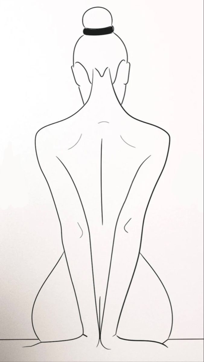 a line drawing of a woman's back with her hands on her hips, sitting in front of a white wall