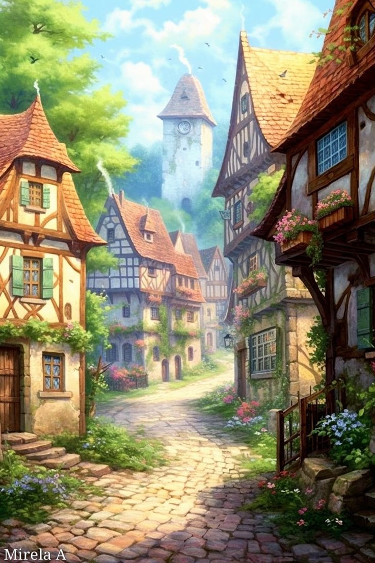 an old european village with cobblestone roads and flowers on the trees in front of it