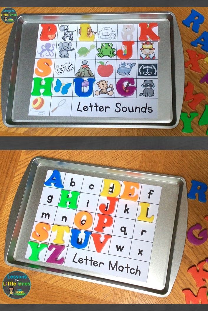 two trays with letters and numbers on them, one has the letter sounds in it