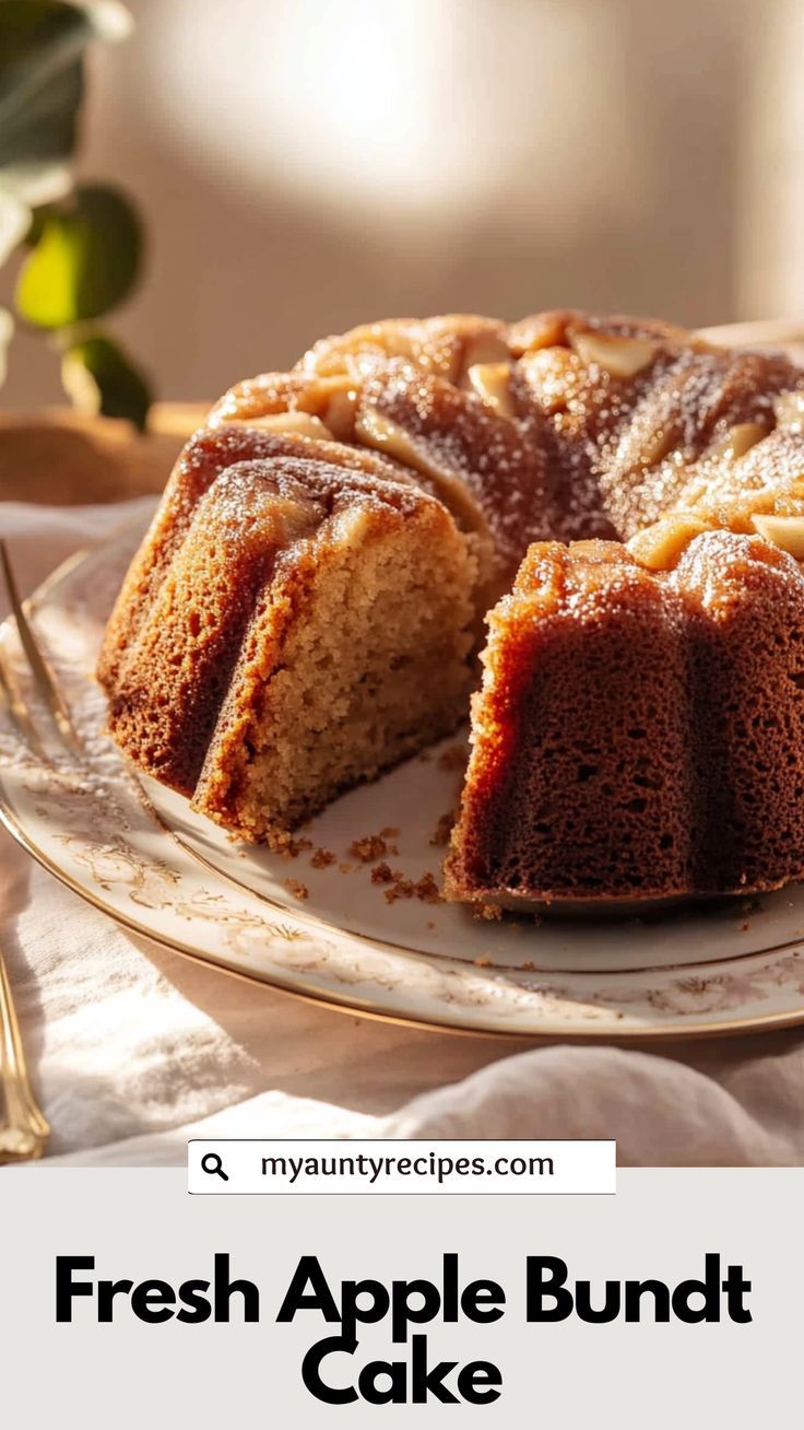 a fresh apple bundt cake on a plate with a slice cut out and served