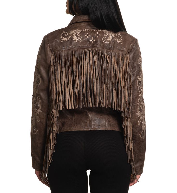 Willow Jacket Brown 100% Leather Fall Leather Jacket For Rodeo, Western Style Leather Outerwear For Rodeo, Western Leather Outerwear For Rodeo, Brown Western Leather Jacket For Winter, Brown Winter Outerwear For Rodeo, Western Style Brown Leather Jacket For Winter, Brown Leather Spring Outerwear, Winter Leather Jacket For Rodeo With Long Sleeves, Winter Leather Jacket For Rodeo