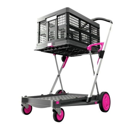 a black and pink cart with a basket on it's back wheels, isolated against a white background