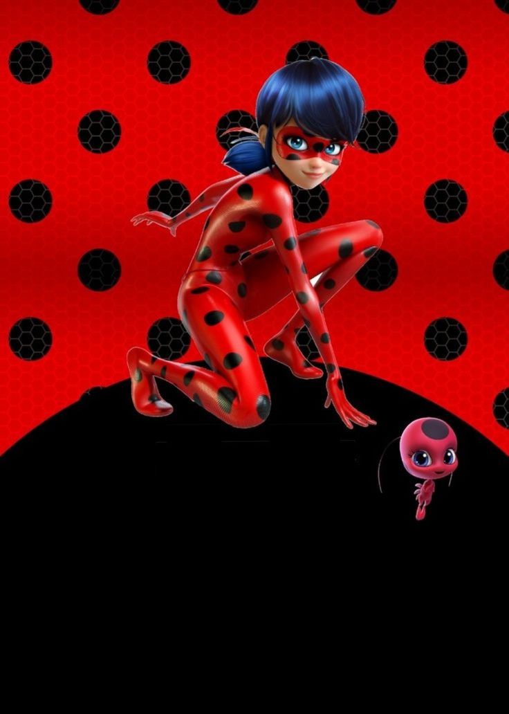 an animated ladybug with black dots and red spots on her body, flying through the air