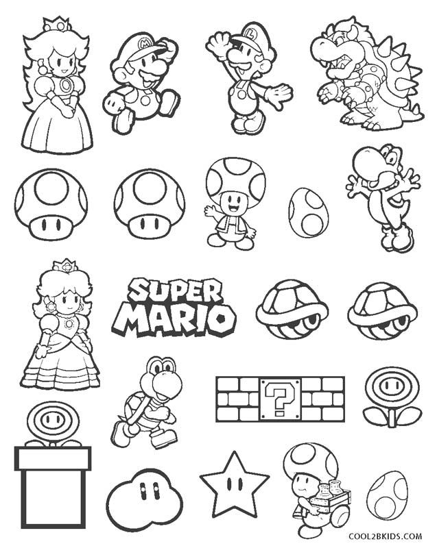 the super mario bros coloring page is shown in black and white, with many different characters