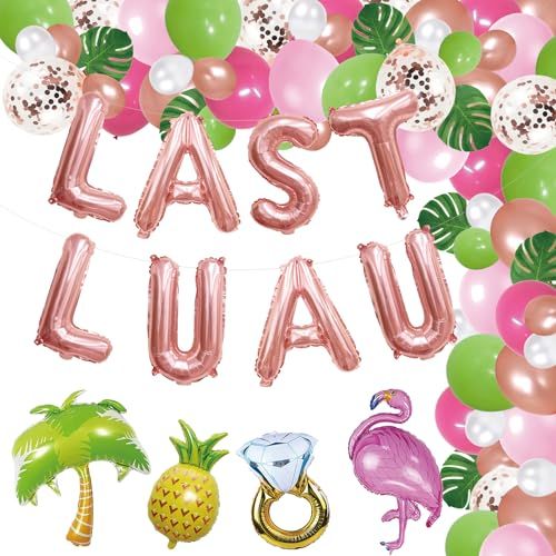 the words last luau surrounded by balloons and flamingos