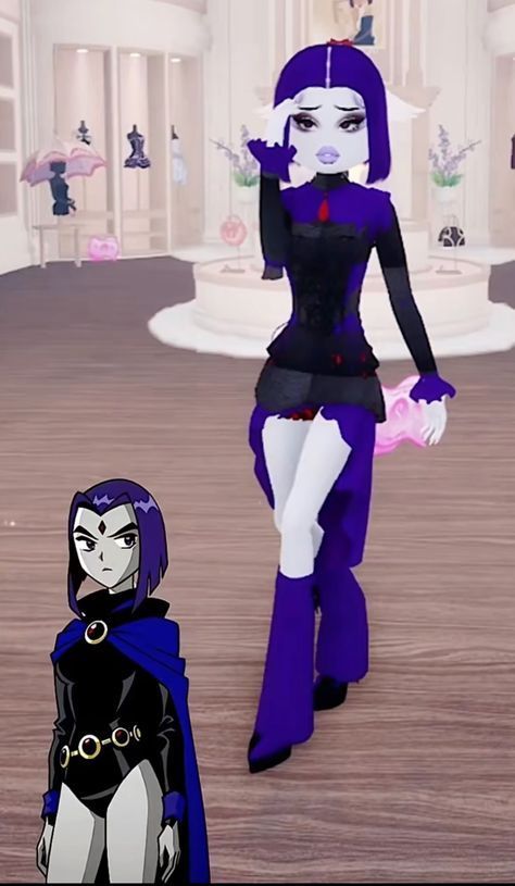 an animated image of a woman in purple and black outfit standing next to a cartoon character