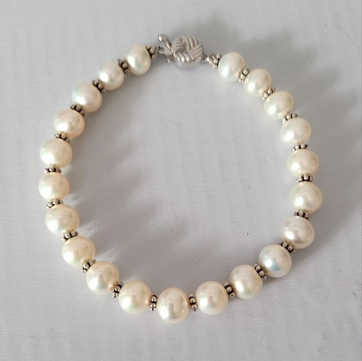 Sterling Silver Spacers And Push In Box Clasp Marking Silver On Clasp Gorgeous Luster Pearls Near Round 7mm-7.8mm 7.5" Length Very Good Condition Pearls Jewelry, Box Clasp, Silver Pearls, Cultured Pearls, Pearl Jewelry, Womens Jewelry Bracelets, Silver Bracelet, Size 7, Women Jewelry