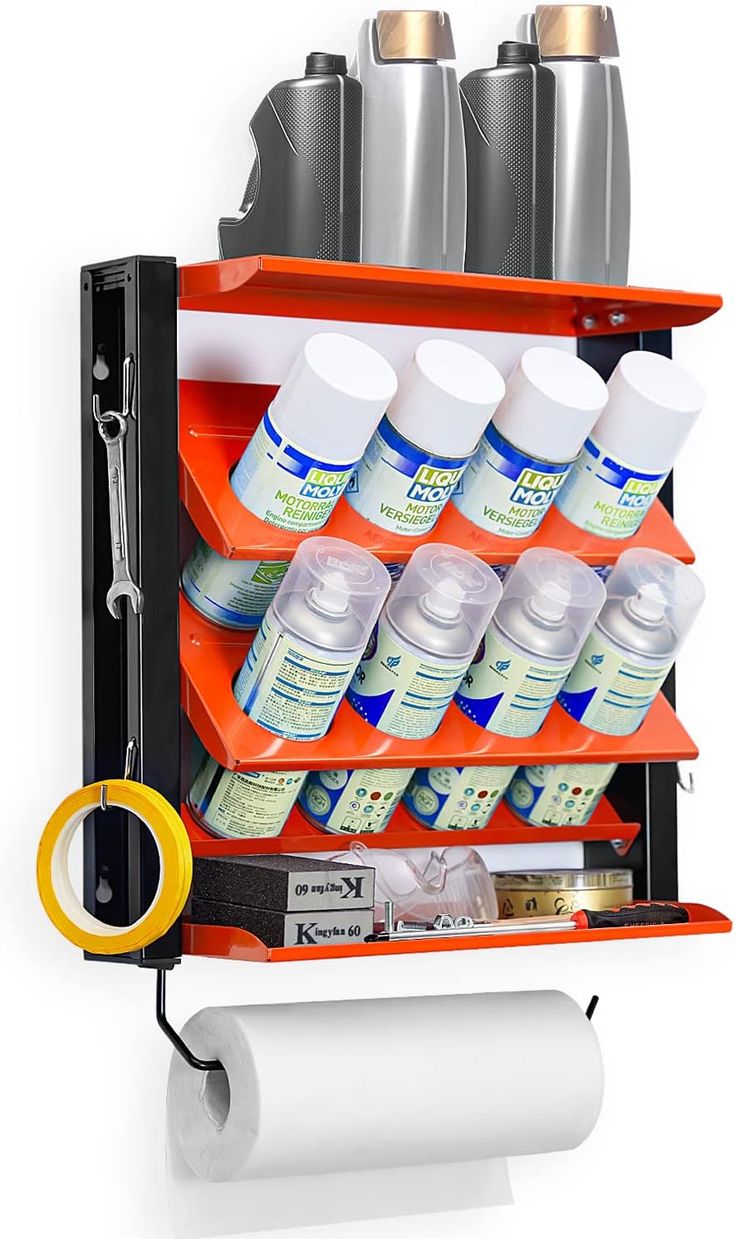 I can't believe I didn't get this years ago Spray Paint Storage, Wall Mount Shelf, Bottle Organizer, Paint Organization, Steel Garage, Aerosol Spray, Spray Paint Cans, Paint Storage, Utility Storage