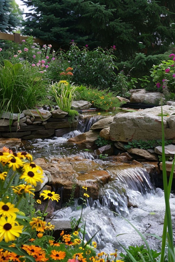 a stream running through a lush green forest filled with wildflowers and rocks in the foreground