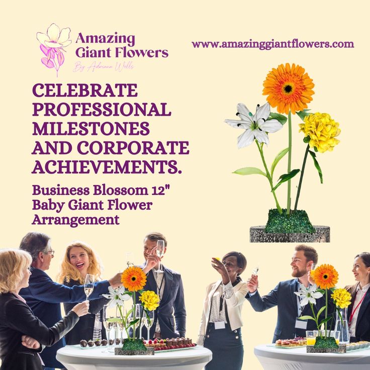 a group of people standing around a table with flowers on it and the words celebrating professionals and corporate achievement