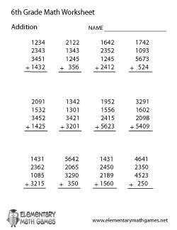 the 6th grade math worksheet for addition