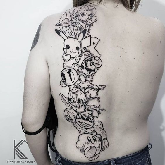 the back of a woman's body with an image of several cartoon characters on it