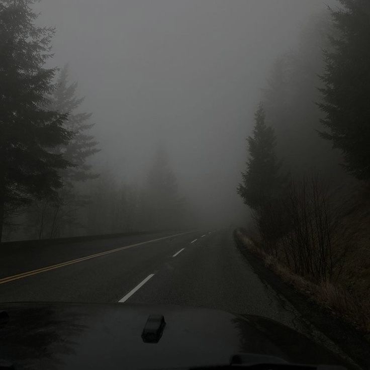 a car driving down a road in the fog