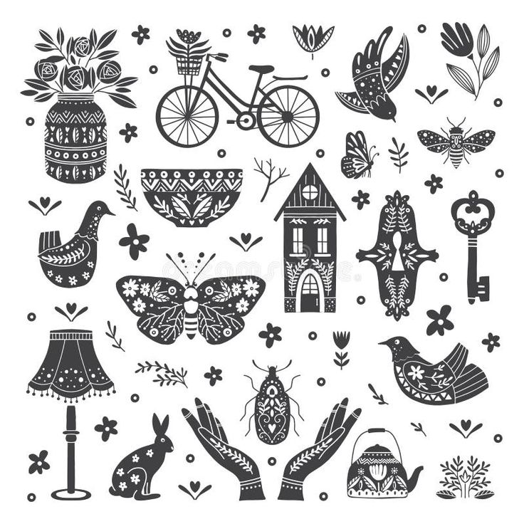 black and white illustration of different things in the shape of flowers, birds, butterflies, houses