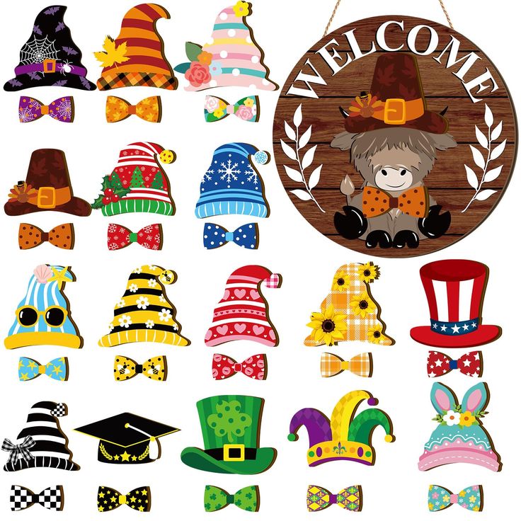 a bunch of different hats and bow ties on a white background with the words welcome