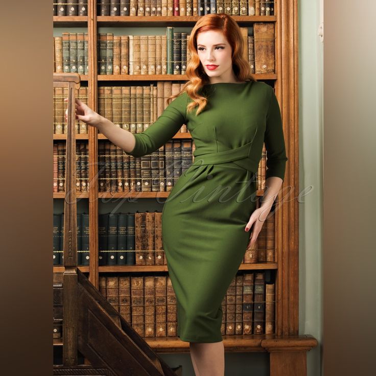 New Without Tags. Grass Green Form-Fitting Pencil Dress From Bettie Page By Tatyana. Cross-Wrap Button Belt And Three-Quarter Length Sleeves. Size Is Xxl But Fits Small. Retro Red Dress, Joan Holloway, Sheer Midi Dress, Cross Dress, Black Pencil Dress, Criss Cross Dress, Green Cocktail Dress, Mad Man, Vintage Midi Dresses