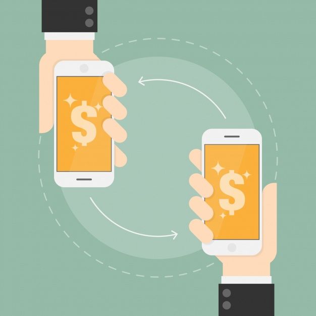 two hands holding smart phones with money transfer on the screen and an arrow pointing to each other